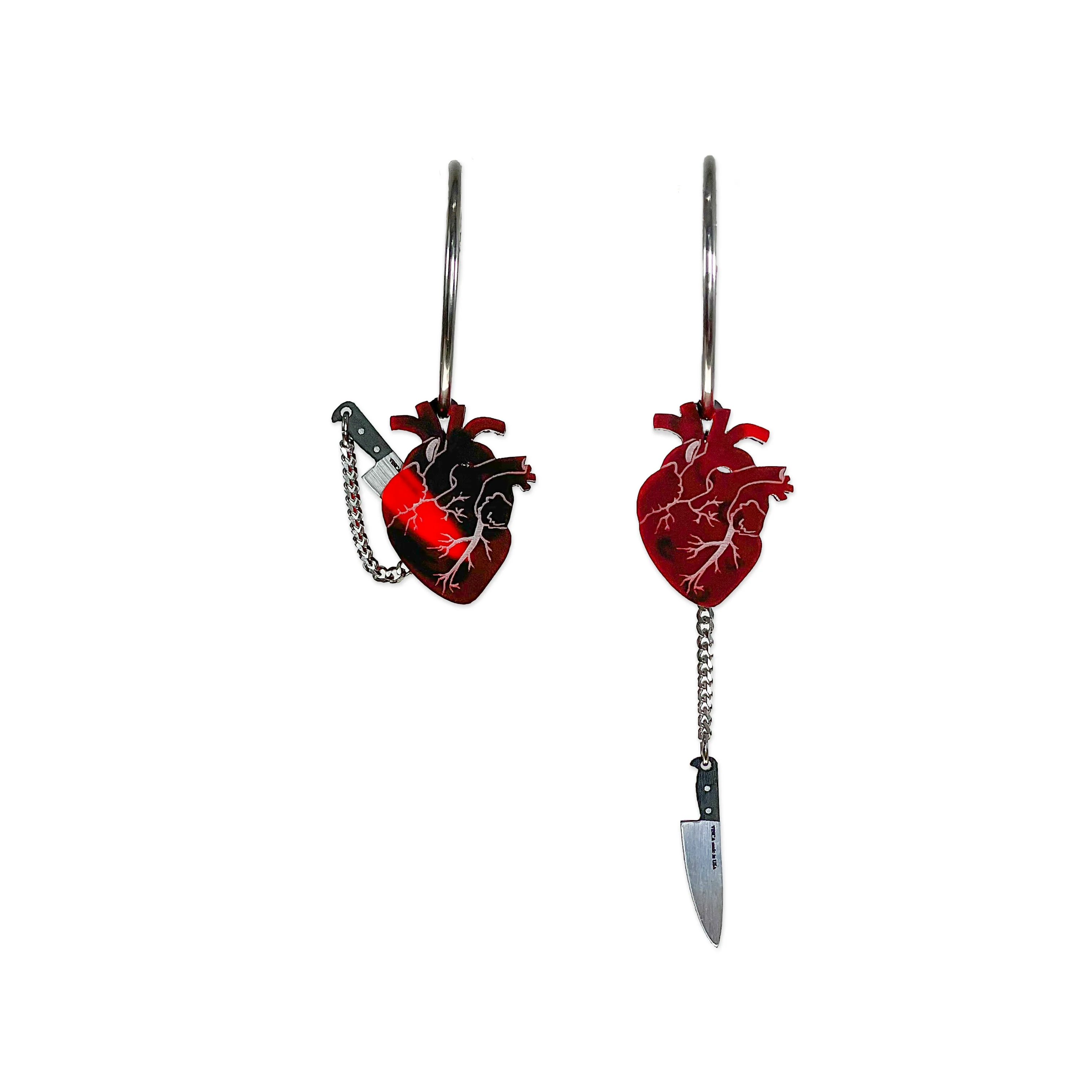 Chopped Heart Hoops - Drop Dead Red Silver Hoops - Image 5