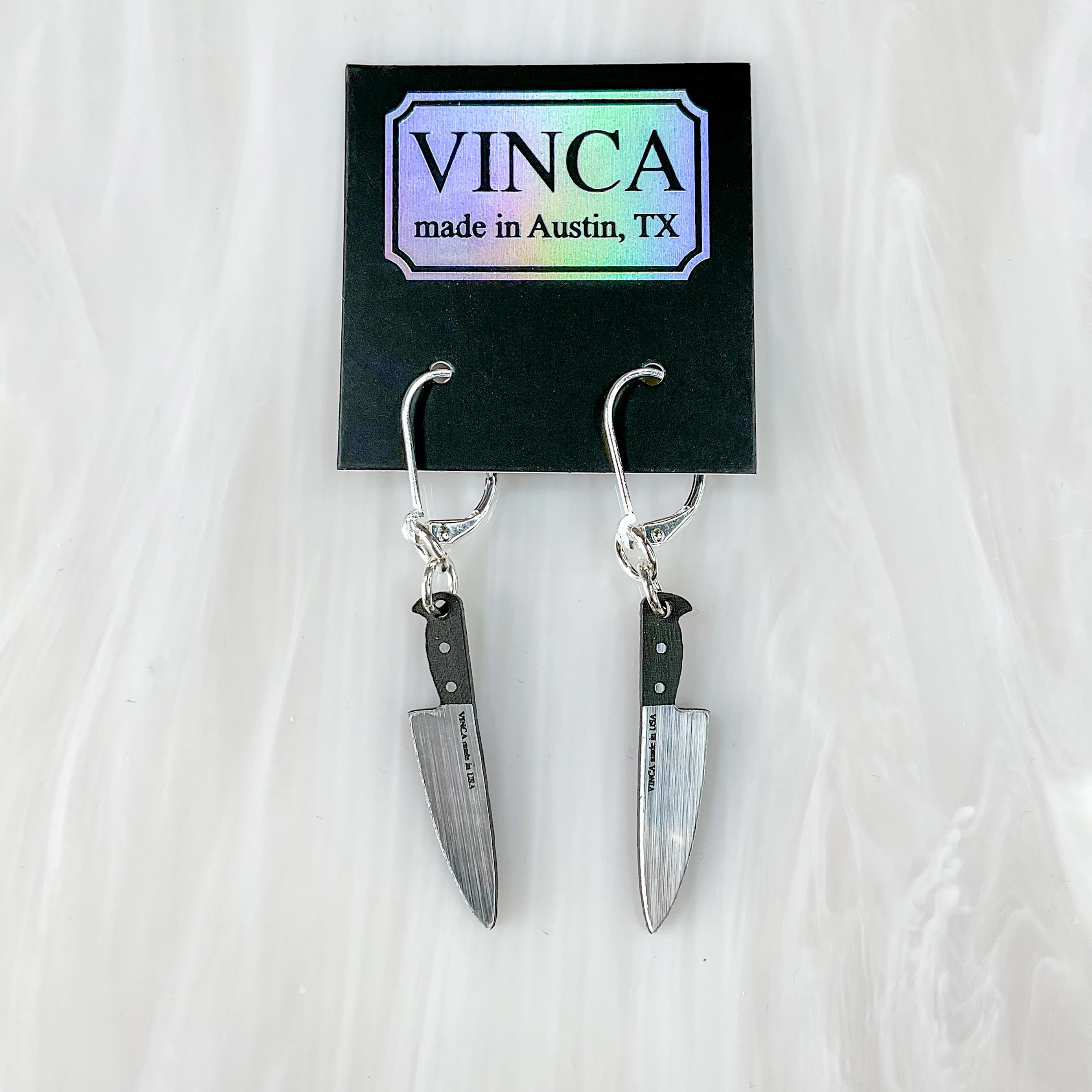 Tiny 1” Chef's Knife Dangle Earrings in Silver - Image 3