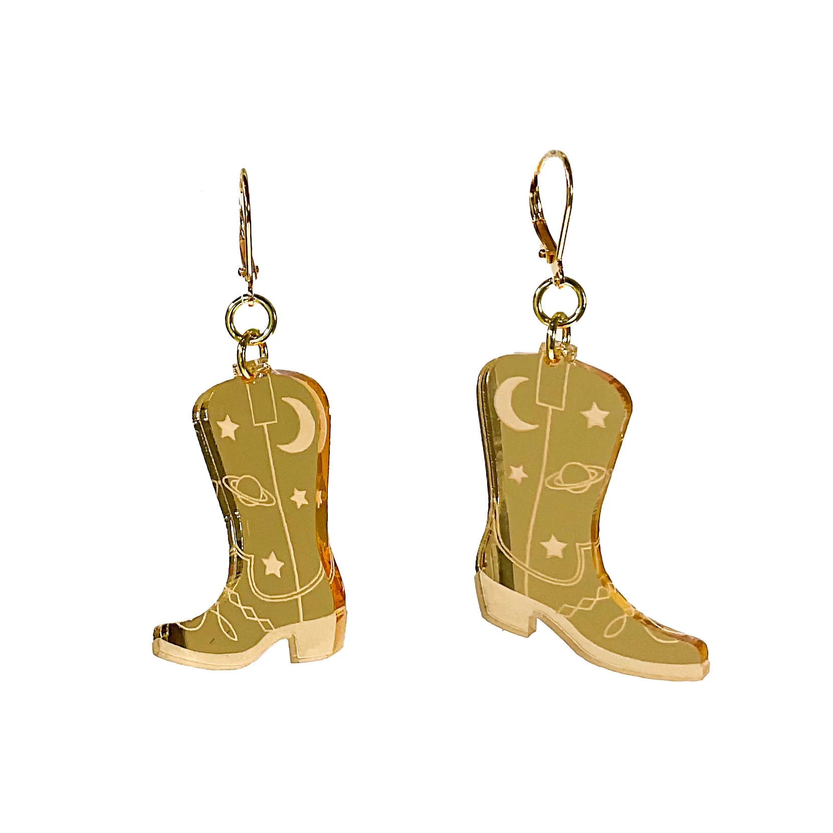 Space Cowboy Boot Dangle Earrings - Mirror Gold - Image 3